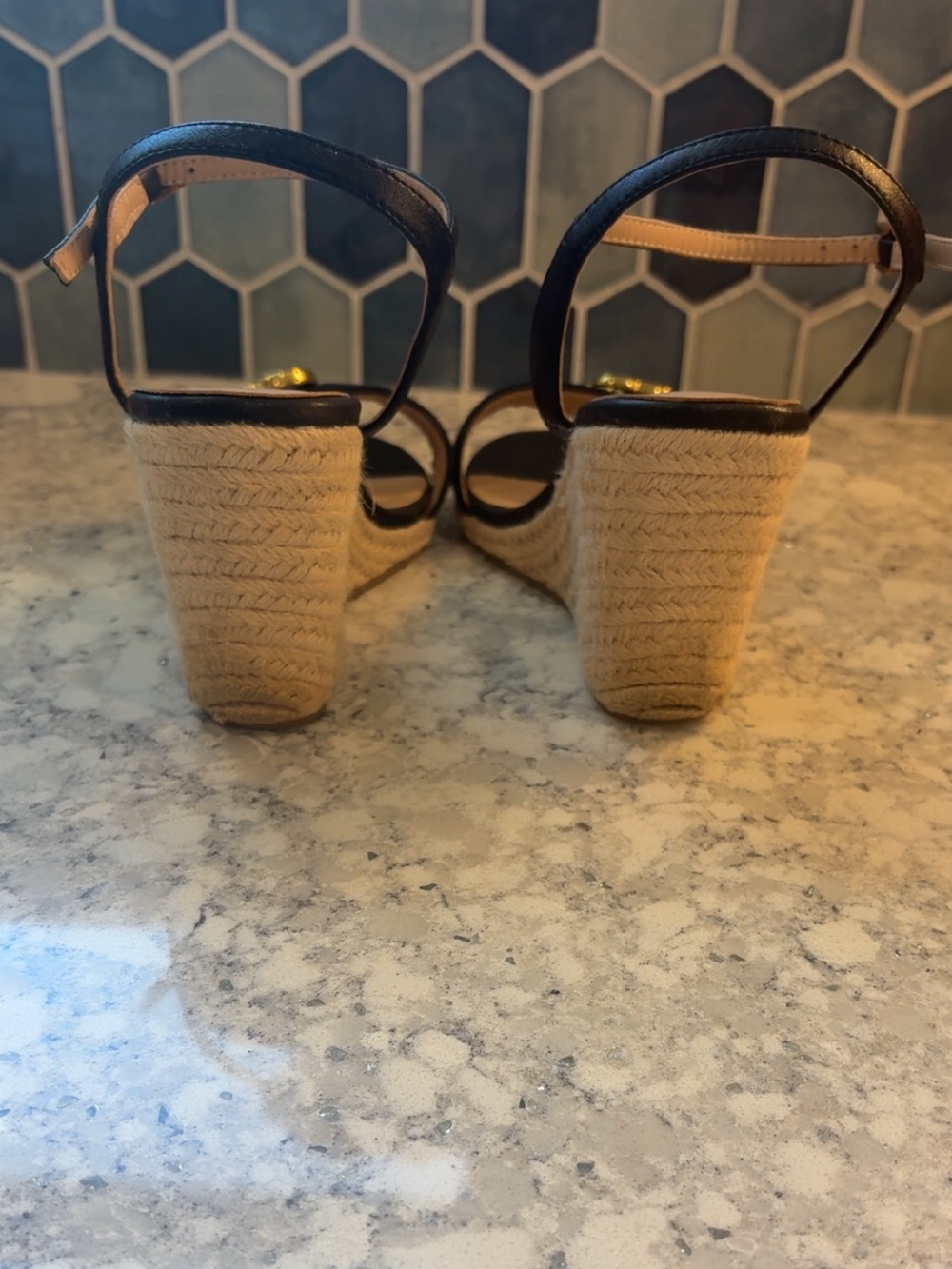 GUCCI Black Leather GG Marmont Wedge Espadrille Sandals - Picture 4 of 4